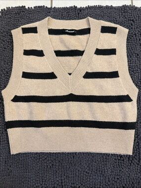 Striped V-Neck Cropped Sweater Vest in Beige and Black